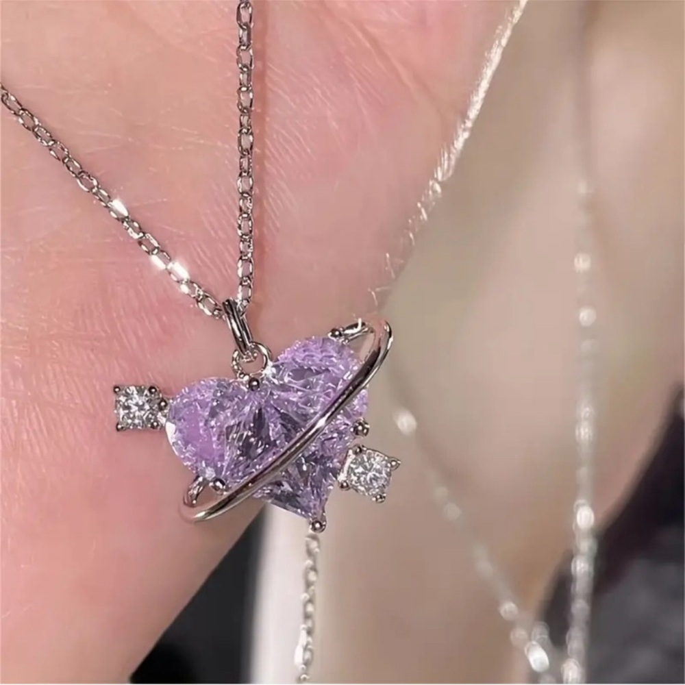 Silver Color Heart Necklace with a Purple Rhinestone - Picture 4 of 6